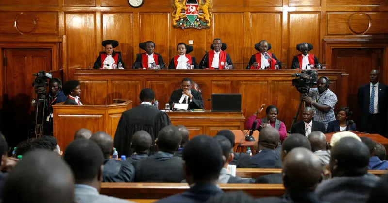 A courtroom scene in Kenya with a judge delivering a ruling, and farmers gathered outside with placards reading “Land Justice Now.” Kabugu Advocates LLP – A leading law firm in Kenya providing expert legal services in litigation, real estate, employment law, and more.